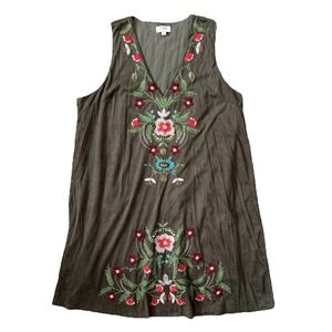 Faux Suede Embroidered Mini Dress Womens Large Olive Green Festival Boho Cowgirl